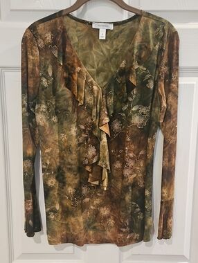 dressbarn Olive and Brown Floral Ruffle V-Neck Long Sleeve Top